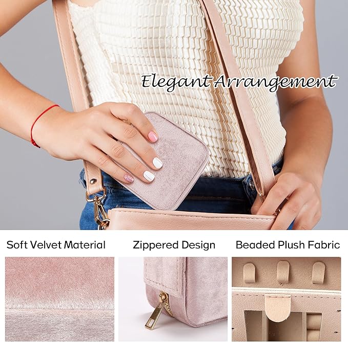 Plush Velvet Travel Jewelry Box for Women & Girls - Small Portable Organizer, Storage Case for Rings, Earrings, Necklaces & Bracelets – Ideal Gift for Travel & Occasions (Gray pink)