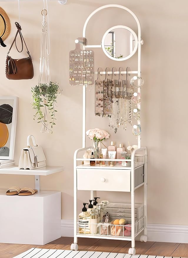 Keebofly Floor Jewelry Organizer with Adjustable Mirror, 67.52" Tall Jewelry Display Stand with 6 Acrylic Earring Necklace Pegboards, Mobile Jewelry Tower with Large Storage Drawer for Women