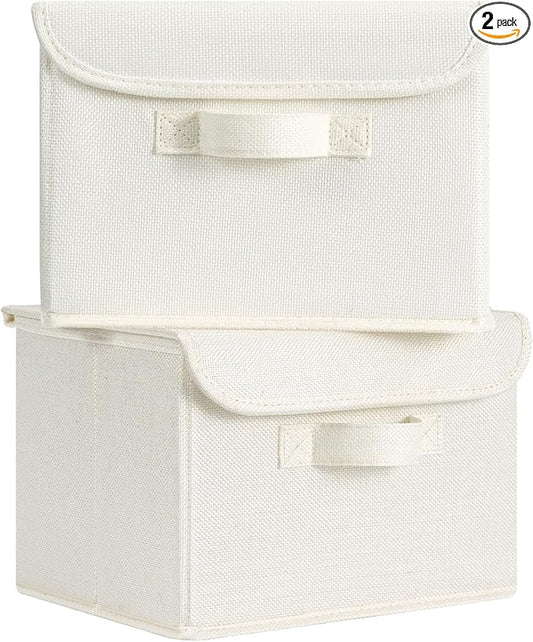 GRANNY SAYS Small Storage Bins with Lids, Small Storage Boxes, Shelf Baskets for Shelf, Collapsible Storage Bins for Living Room, Bedroom, 10x8x7 Inch, Ivory White, 2-Pack