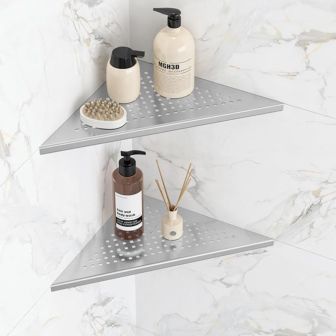 Qeke Corner Shower Shelves, 10” Recessed Tile Shower Shelf Brushed Nickel, 304 Stainless Steel Grout in Corner Tile Bathroom Shelves, No Drilling, 2 Pack
