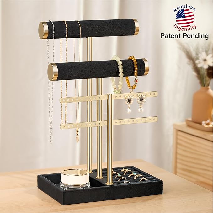 bussdis 3 Tier Bracelet Holder Display - Detachable T Bar Black Velvet Bracelet Holder, Jewelry Holder Organizer for Bracelet, Necklace, Earrings, Rings