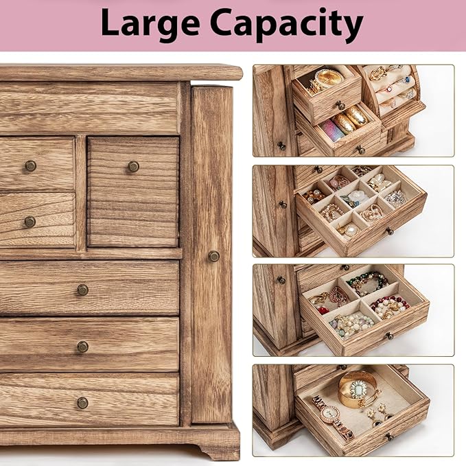 Jewelry Box for Women, Rustic Wooden Jewelry Boxes & Organizers with Mirror & Drawers,6 Layer Jewelry Organizer Box for Rings Earrings Necklaces Bracelets (Carbonized Black)