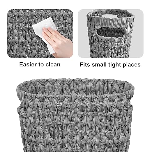 Coeusy 5 Gallon Wicker Trash Can,Wicker Bathroom Trash Can with Handles,Handwoven Waste Basket Waterproof Narrow Small Garbage Can for Bedroom,Bathroom,Office,Grey/20 Liters
