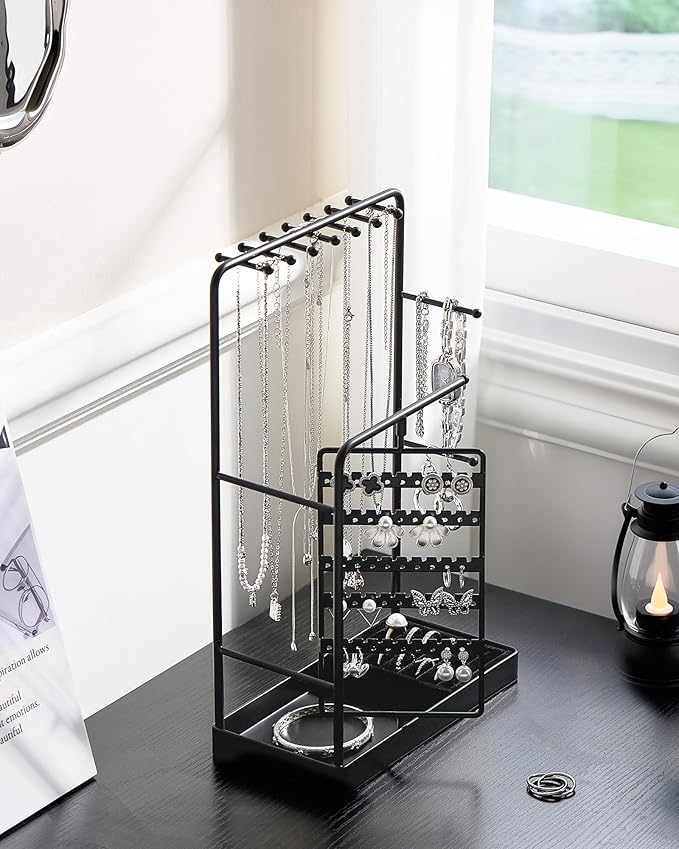 ProCase Jewelry Stand Holder Organizer, Jewelry Display Storage with Ring Tray, Rotating Earring Bracelet Necklace Holder, Valentine's Gifts Room Dorm Decor for Teen Girls -Black (No-Assembly)