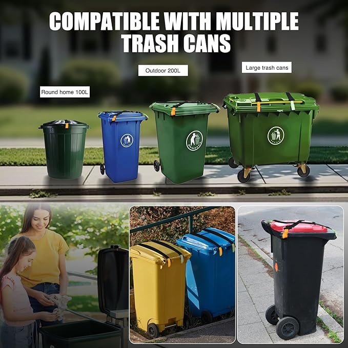 Trash Can Locks for Animals, 2 Pack Adjustable Garbage Can Locks with Reflective Strips, Trash Bin Locks for Animals, Raccoon and Animal Proof, Prevent Odor from Spreading, Fits Multiple Sizes Cans