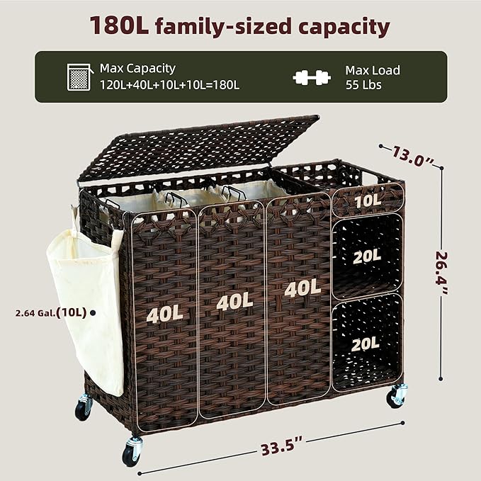 Laundry Hamper with Lid, 160L Rattan Wicker Laundry Basket with Wheels, Handwoven Laundry Hamper 3-Section with Storage shelf(42.3 Gal), Laundry Sorter Basket with Removable Liner,Brown HLH033BR