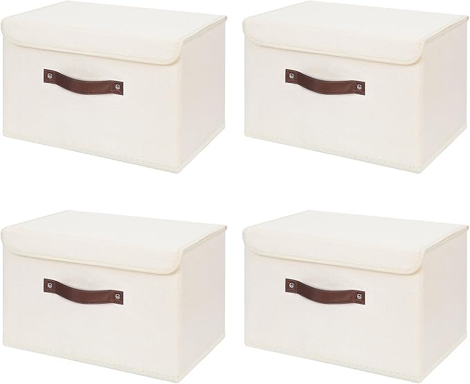 ANMINY 4PCS Storage Bin with Lid Storage Boxes with PU Leather Handles PP Plastic Board Decorative Foldable Lidded Cotton Linen Fabric Home Cubes Baskets Closet Organizer Container - Beige, Medium