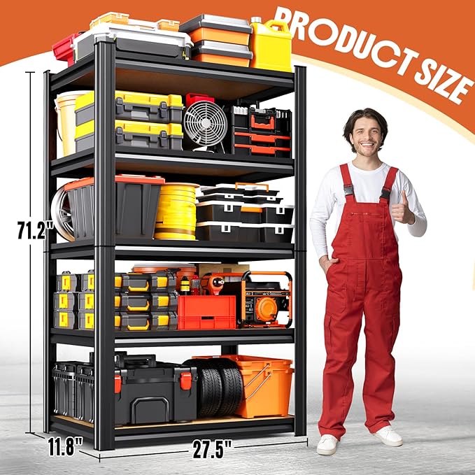 71''H 27.5''W Storage Shelves,2500LBS Garage Shelving ,Adjustable Garage Shelves ,Heavy Duty Metal Shelving, 5 Tier Wood Utility Steel Shelf, Shelving Units and Storage Rack fo Kitchen Pantry Laundry