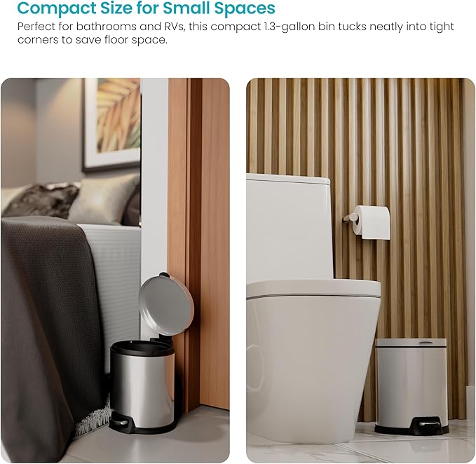 Home Zone Living 1.3 Gallon Bathroom Trash Can with Soft-Close Lid and Compact Stainless Steel Design
