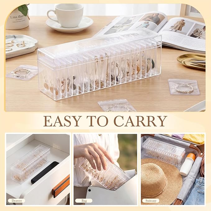 Kenning 84 Pcs Acrylic Jewelry Case Organizer, Clear Jewelry Organizers Holder with Portable Anti Tarnish Storage Bags for Rings, Earrings, Necklaces, Ideal Gifts for Women (Clear)