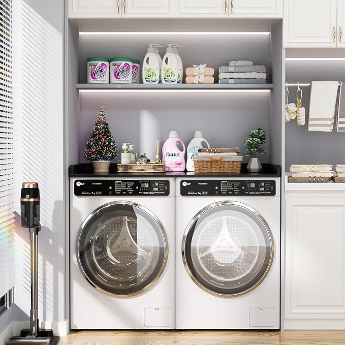 Aheaplus Washer and Dryer Countertop, Laundry Room Organization with Non-Slip Pads, Wood Shelf Topper with Round Corner Edge Rails, Folding Organizer for Laundry, 54" W x 27.5" D, Black