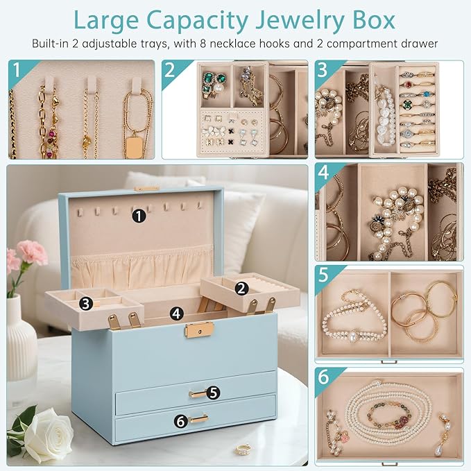AKOZLIN Travel Jewelry Box Organizer Functional 2-trays Leather Jewelry Storage Case with Lockable Portable 2 Drawers for Women Girls Ring Necklace Earring Bracelet