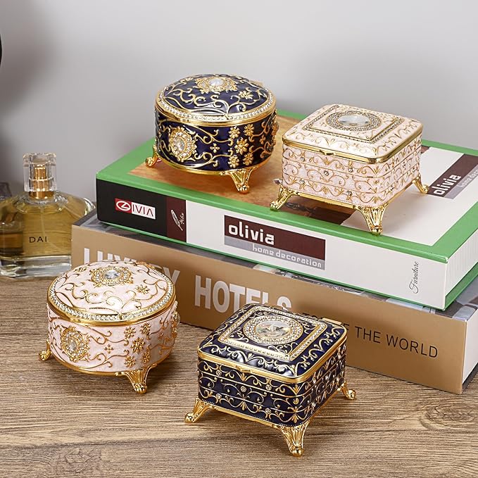 Hipiwe Metal Jewelry Box Small Treasure Chest Box Vintage Round Trinket Organizer Ring Holder Enameled Jewelry Box for Earrings Necklace Holder Gift for Birthday Christmas,Home Decor,Beige