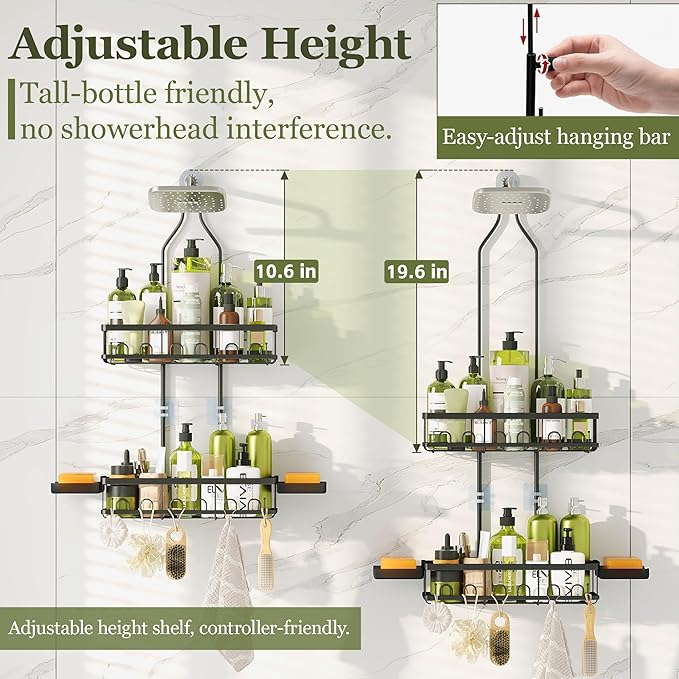 Skyapex Shower Caddy Hanging: Adjustable Height Organizer for Over Showerhead - Black Rustproof Shower Shelves with Hooks & 2 Soap Holders