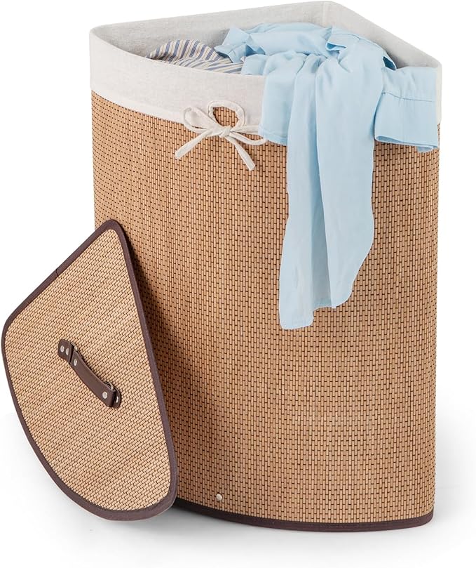 GOFLAME Corner Bamboo Laundry Hamper with Lid and Removable Liner, Washing Clothes Basket Storage Bin with Handle, Suitable for Bedroom, Bathroom, Laundry, Bamboo
