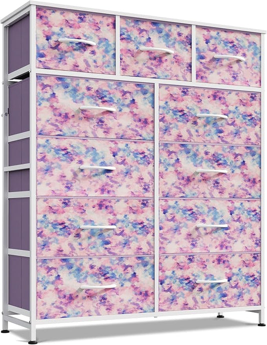 WLIVE Storage Organizer Unit with 11 Fabric Bins, Storage Drawers Organizer with Steel Frame, Tall Storage Tower Organizaton for Living Room, Hallway, Office, Tie-dye Print (Pink, Purple, Blue)