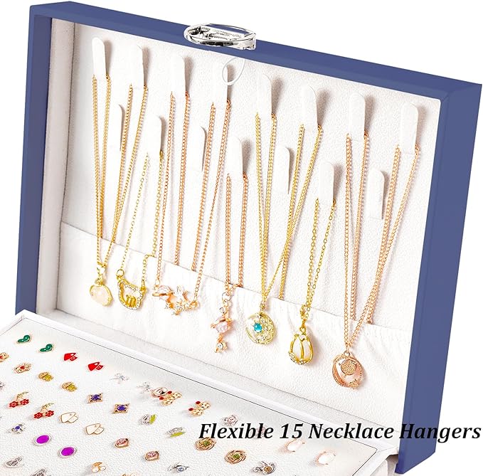 QBestry Earring Jewelry Box for Women Girls Stud Organizers, 5 Layers Navy Jewelry Organizer Box with Lock Necklaces and Earrings Holder Jewelry Box with Earring Organizer for Women Girls Xmas Gifts