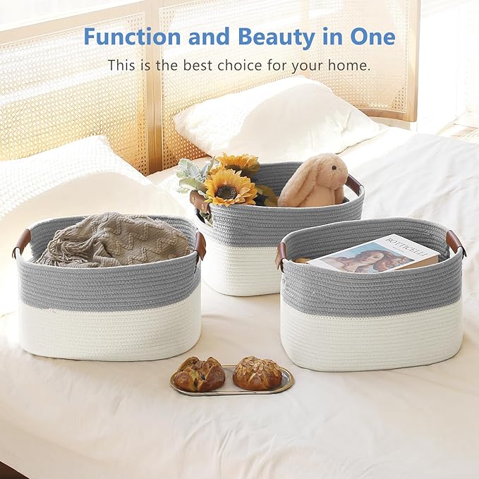 ECDYQXVU Cotton Rope Storage Baskets,15x10x9 in,Foldable Storage Bins, Decorative Woven Basket Cube Storage Organizer for Laundry, Towel, Clothes (White/Grey-3Pack, 15x10x9 inches)