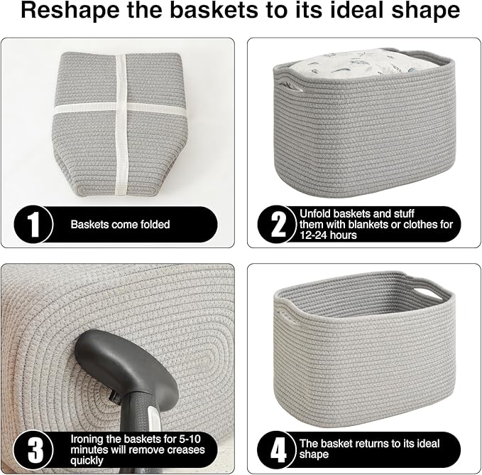 ICERZCZ Storage Baskets for Organizing & Shelves, Woven Cotton Rope Organization Bins for Dog Toys, Clothes, Books, Nursery Organizer, 15" Lx11 Wx9.5 H, (4 Packs) Grey