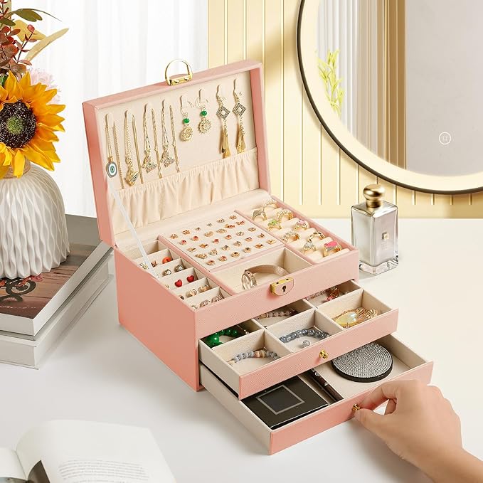 coobest 3 Layer Jewelry Box, Jewelry Holder with Lockable Drawer, Large Jewelry Boxes & Organizer with Velvet Earring Holder, Gifts for Mom Women