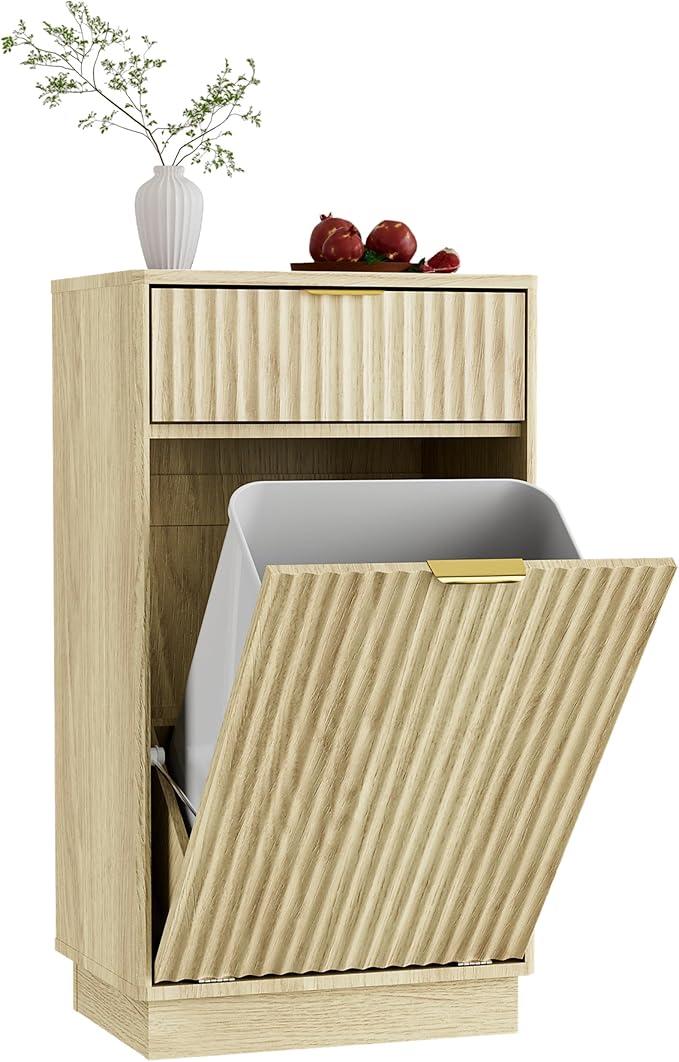 Tilt-Out Trash Cabinet with 10-Gallon Capacity, Walnut Laundry Hamper Cabinet, 34.3 x 19 x 13.8 inches, Wave-Textured Front.