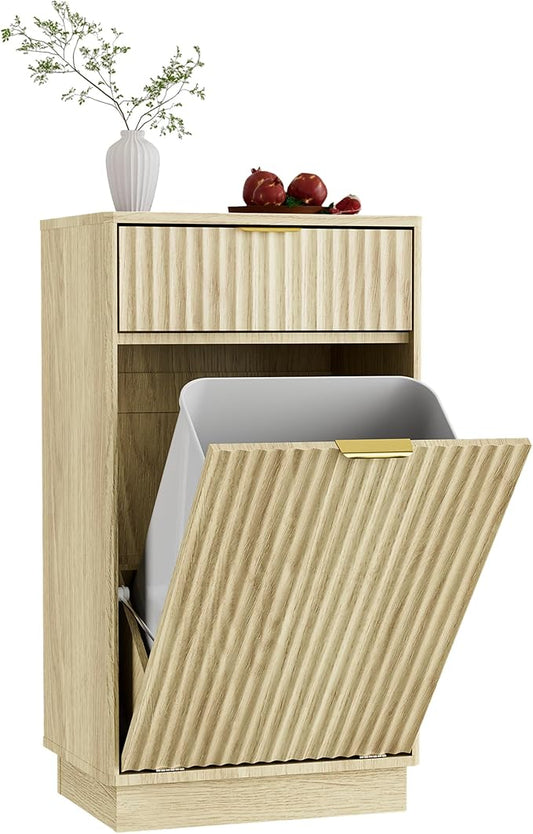 Tilt-Out Trash Cabinet with 10-Gallon Capacity, Walnut Laundry Hamper Cabinet, 34.3 x 19 x 13.8 inches, Wave-Textured Front.