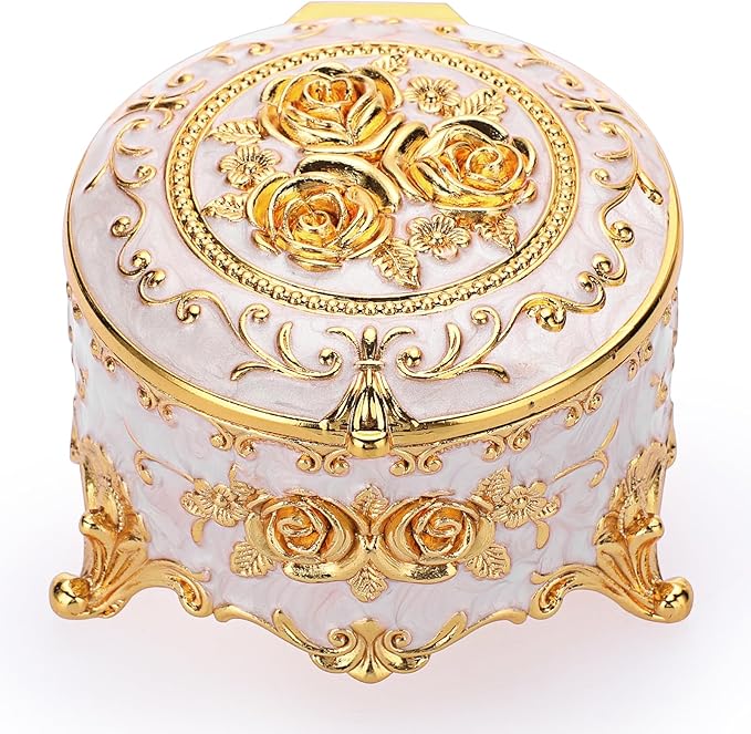 Hipiwe Vintage Round Jewelry Box Small Trinket Storage Organizer Box Gold Metal Chest Ring Case Treasure Box Keepsake Box Earrings Necklace Storage Box Gift for Women, Small