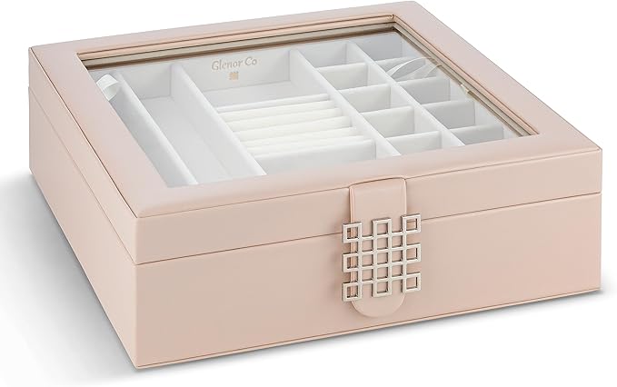 Glenor Co 28 Section Jewelry Box - 2 Layer - Buckle Snap & Magnet Closure - Large Glass Top - Leather Design - Sand - Jewelry Organizer for Women & Girls - for Earring Ring Necklace & Bracelet