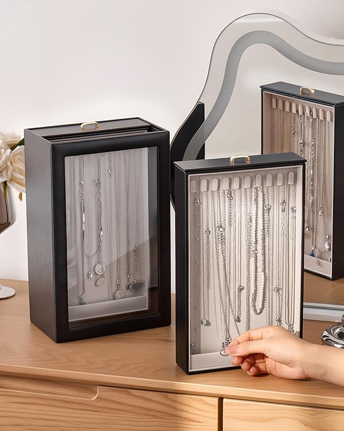 Lolalet Upgraded Double-Sided Hanging Necklace Organizer Box, Jewelry Display Case with Double-Sided Clear Window for Necklaces Bracelets, Tangle-Free Necklace Storage Box, Mothers Day Gift
