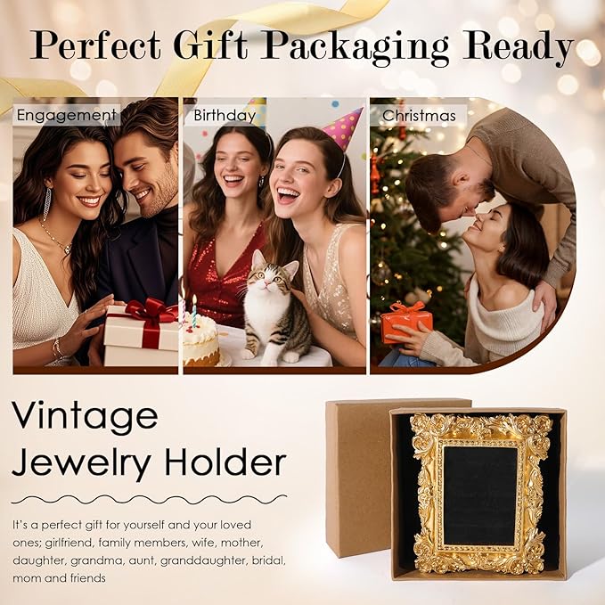 Vintage Ring Holder Rectangle Gold Velvet Display Stand - Baroque Jewelry Organizer Box Tray for Wedding Engagement Anniversary Women Birthday Christmas Gift Photograph Prop (MPF05-Gold Black)
