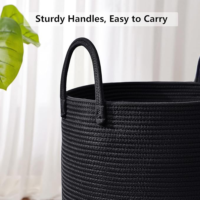 60L Black Woven Cotton Rope Laundry Hamper Basket for Clothes Tall Modern Blanket Storage Basket in Living Room Bedroom 15Dx20H inches