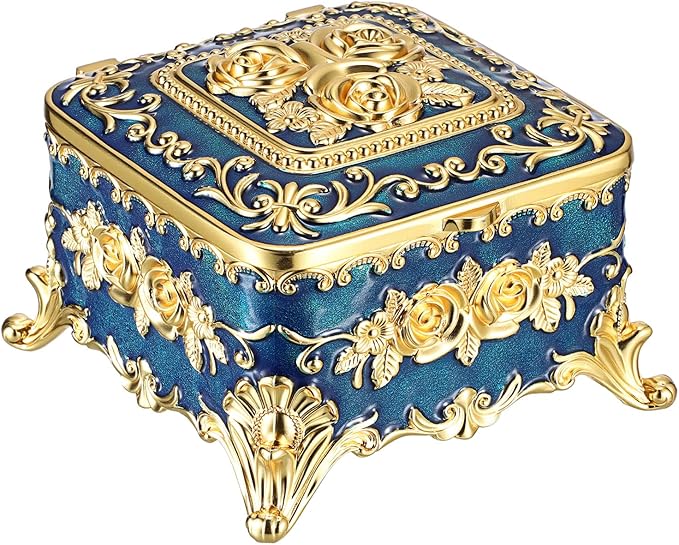 Hipiwe Metal Jewelry Box Decorative Trinket Chest Rectangular Treasure Display Case Keepsake Organizer for Earrings Ring Holder, Blue, 5.1" L x 5.1" W x 3.1" H