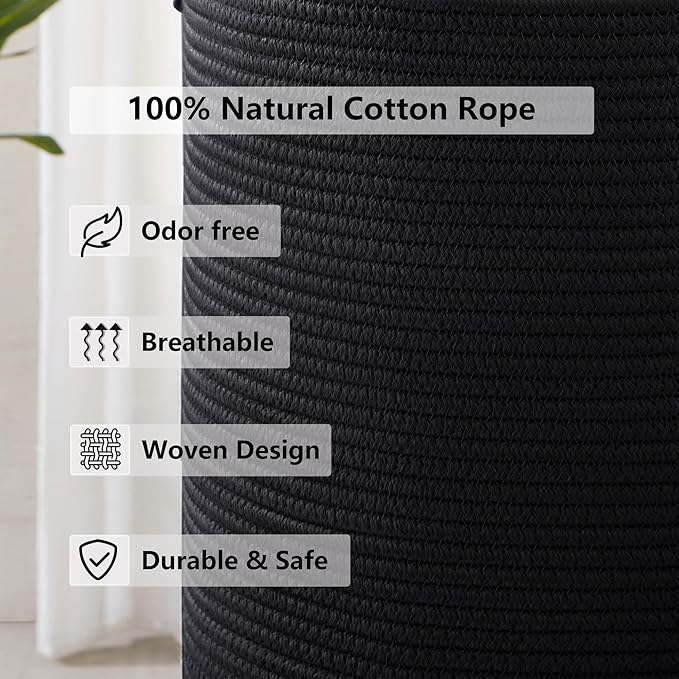 60L Black Woven Cotton Rope Laundry Hamper Basket for Clothes Tall Modern Blanket Storage Basket in Living Room Bedroom 15Dx20H inches