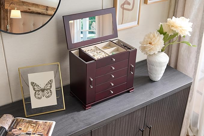 Brown 5 Layer Jewelry Box for Women,Top With Mirror Wooden Jewelry Organizer,With 8 Hook And Velvet Lining Large Jewelry Storage,For Watch Necklace Ring Earring Storage Gifts