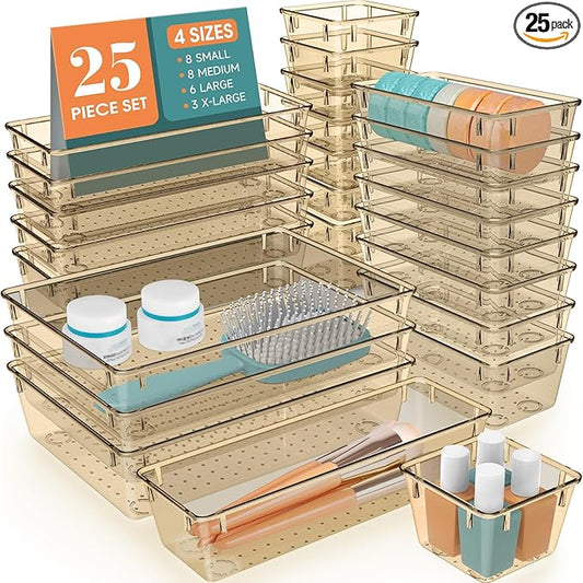 StorMiracle 25 PCS Drawer Organizer Set, 5 Varied Size Bathroom and kitchen Drawer cabinet organizer Trays, Clear Storage Bins for Makeup, Jewelry, Utensils and Gadgets, Champagne