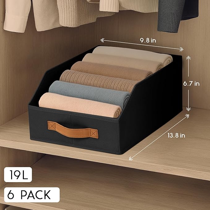 Homsorout Fabric Storage Bins for Organizing - 6 Pack Large Trapezoid Collapsible Storage Bins with Front Handle, Closet Organizers and Storage for Bedroom, Home Shelves, Small Spaces, Black