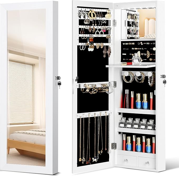 Mirror Jewelry Cabinet, Wall/Door Mounted Jewelry Armoire with Full-Length Mirror, Hanging Jewelry Organizer with LED Interior Lights, White