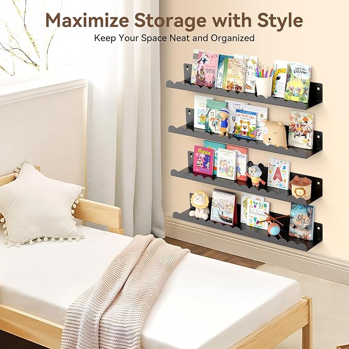 Floating Shelves for Wall, 23 Inch Metal Nursery Book Shelves 4 Pack, Wall Mounted Book Shelf for Kids Room, Bedroom, Bathroom, Playroom Decor (Black)