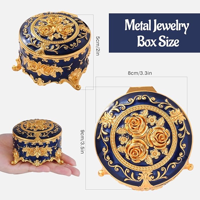Vintage Jewelry Box, Gold Round Treasure Ring Box, Metal Trinket Organizer Keepsake Box Gift for Girl Women, Deep Blue