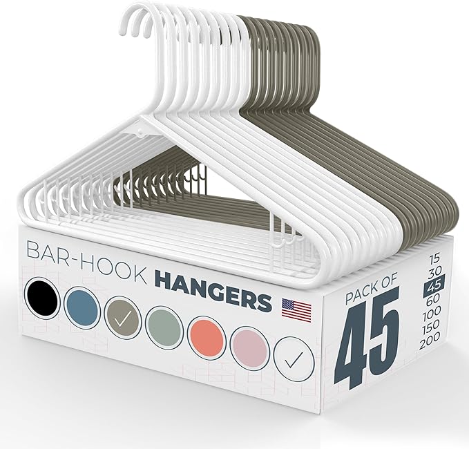 Neaties Plastic Hangers 45 Pack - Made in the USA - 6lb Capacity Standard Clothes Hangers with Strap Hooks for Dresses, Lingerie, Shirts, Pants, and Jackets - White & Gray