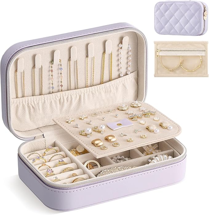 Lolalet Travel Jewelry Case for Women Girls, PU Leather Jewelry Organizer with Clear Storage Bag Small Portable Jewelry Box for Necklace Bracelet Earring Ring Mothers Day Birthday Gifts -Medium/Purple