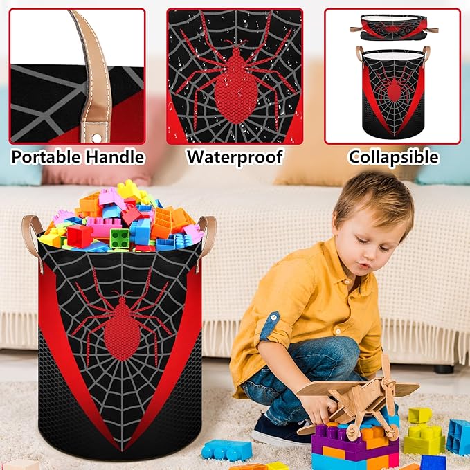 Black Spider Web Large Laundry Hamper Basket, Round Collapsible Storage Organizer Bin for Kids, Boys, Nursery, Closet, Bedroom, Playroom, Toys, Dirty Clothes, 16" W x 20" H