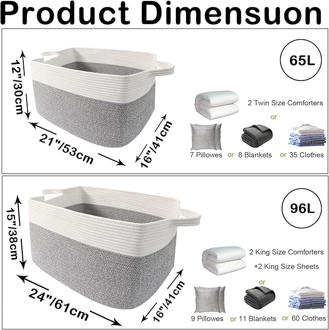 96L Large Blanket Basket,24"x16"x15"Rectangle Storage Bin with Handles,Woven Rope Laundry Basket for Toys, Clothes,Magazines,Home Organization,Nursery,Living Room & Bedroom,White&Grey