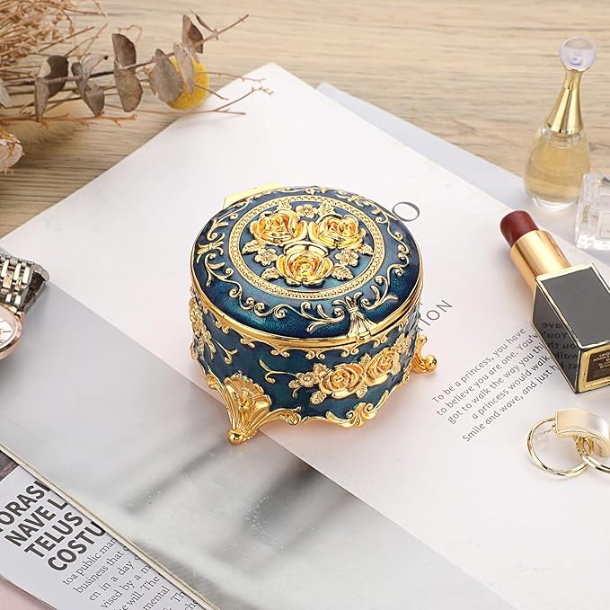 Hipiwe Antique Metal Jewelry Box Ring Earring Treasure Chest Case Small Trinket Box Round Jewelry Display Box Necklace Organizer Wedding Birthday Gift Home Decor, 3x3x2.4 inch