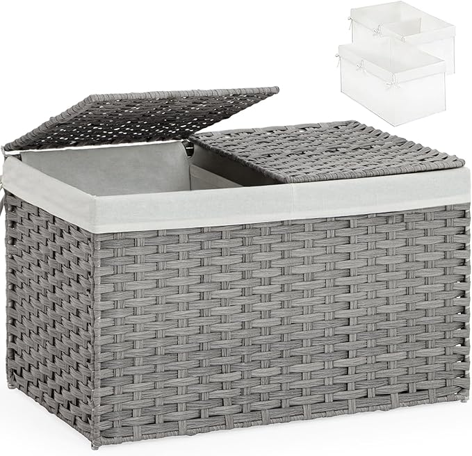 SETVSON Storage Basket with Lid Rattan Storage Basket with 2 Separate Lid, 27.8 Gallon (105 L) 25.2 * 15.4 * 16.1 Inches Woven Wicker Baskets with 2 Liners and Handles for Bedroom Laundry-Gray