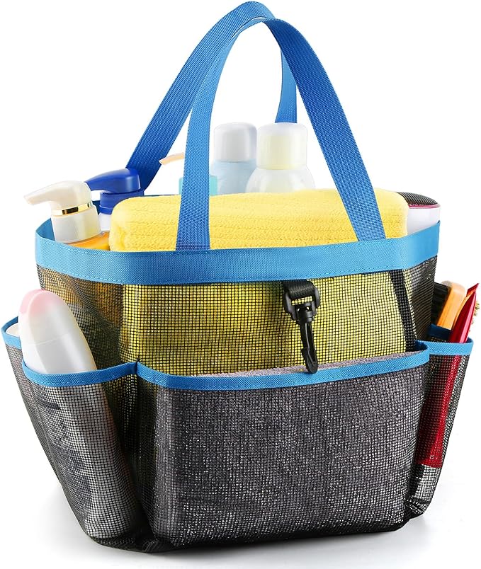 LOYEE Mesh Shower Caddy Portable for College Dorm Room Essentials with 8 Pockets, Shower Bag for Beach, Swimming, Gym, Travel, Bathroom(Blue)