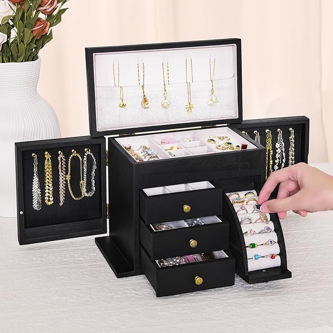Poyilooo Jewelry Box Organizer, Solid Wood Jewelry Boxes for Women, Double Layer Jewelry Organizer Box Display Earring Necklace Bracelet Ring, Rustic Style Small Jewelry Box for Girls (Black)
