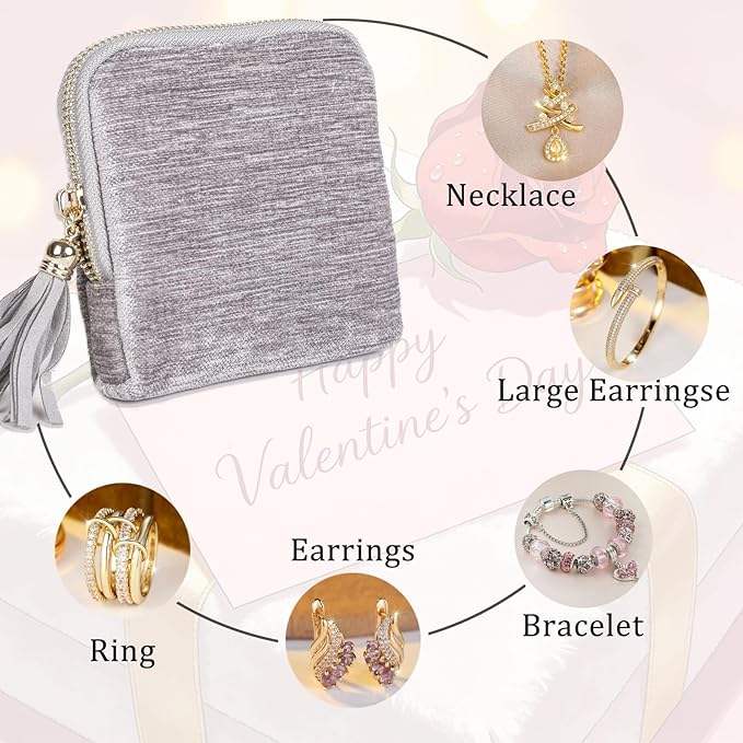 ASINGYER Travel Jewelry Storage Bag for Women, Velvet Portable Jewelry Organizer with Tassel Zipper, Small Pouches for Bracelets Necklaces Rings Earrings, Wedding Gift for Women (silver)