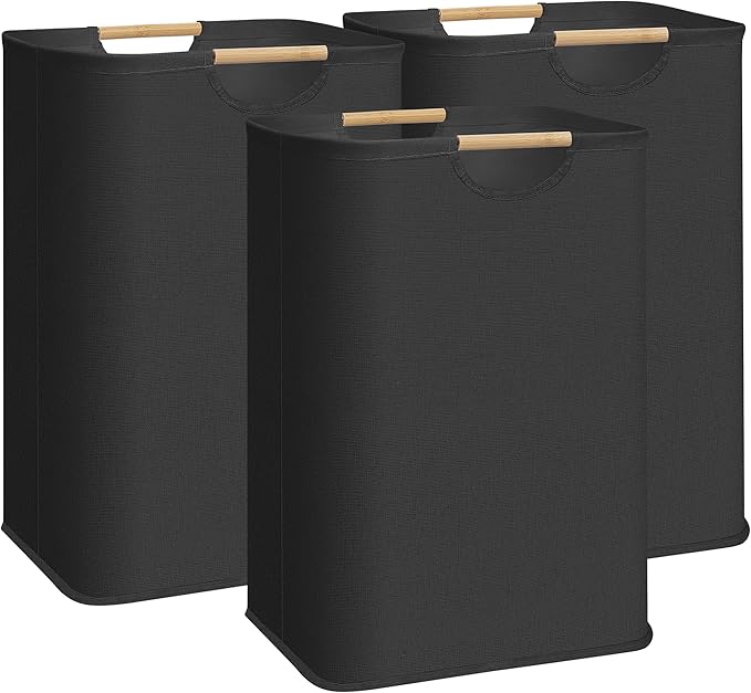 STORAGE MANIAC 3-Pack Large Laundry Hamper, 80L (21.1 Gal) Collapsible Laundry Basket with Bamboo Handles, Freestanding Waterproof Clothes Hamper for Laundry Room, Bedroom, Dorm, Towels, Toys, Black