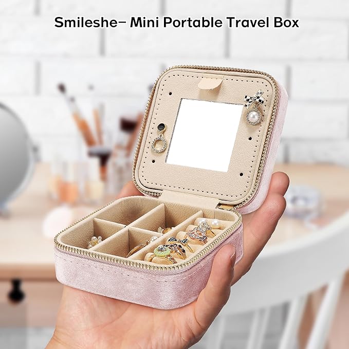 Plush Velvet Travel Jewelry Box for Women & Girls - Small Portable Organizer, Storage Case for Rings, Earrings, Necklaces & Bracelets – Ideal Gift for Travel & Occasions (Gray pink)